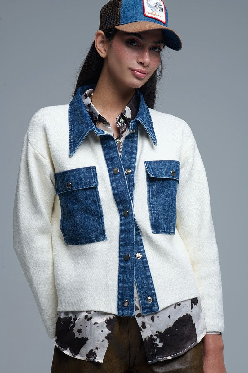 Q2 Women's Sweater One Size / White Cream Knitted Cardigan With Blue Denim Details