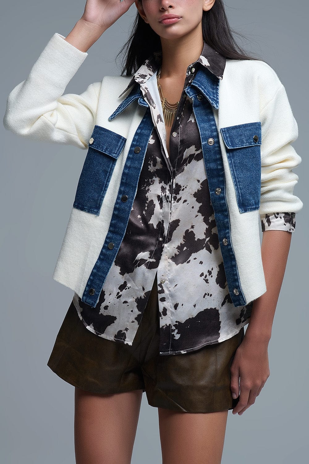 Q2 Women's Sweater One Size / White Cream Knitted Cardigan With Blue Denim Details