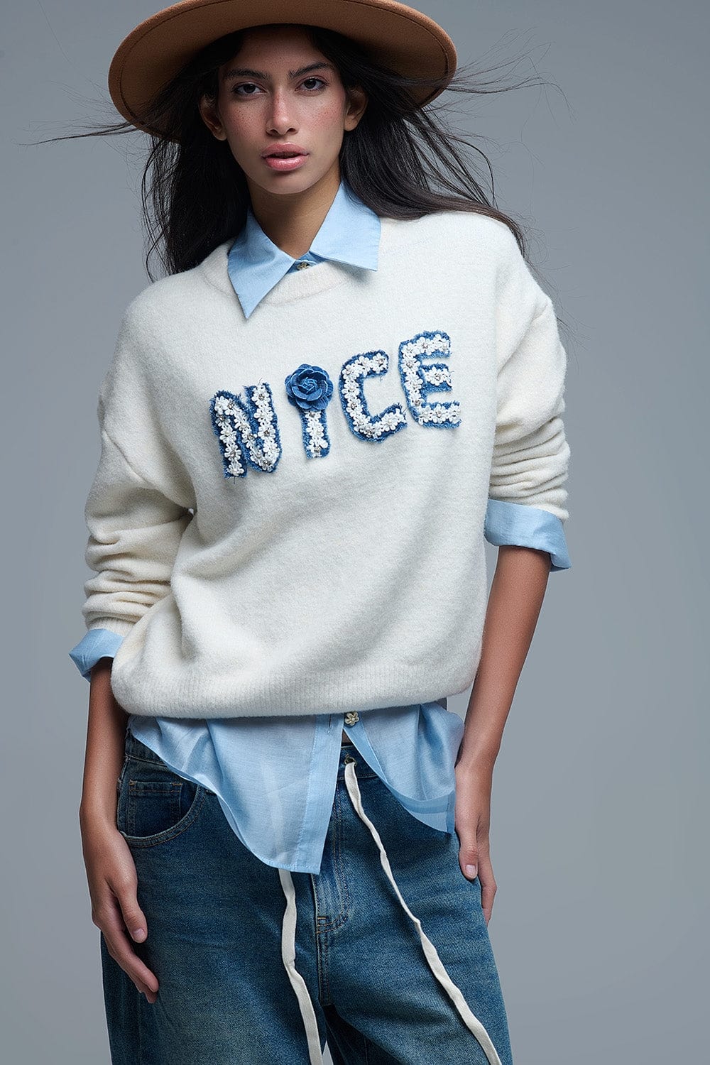 Q2 Women's Sweater One Size / White Cream Round Neck Sweater With Embroidered Nice