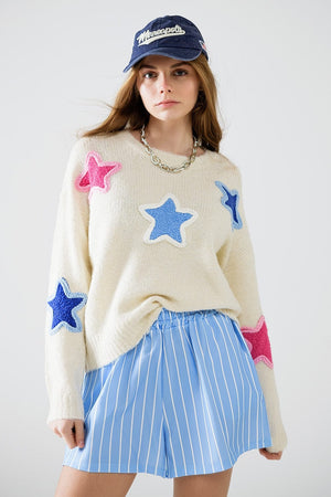 Q2 Women's Sweater One Size / White Cream Sweater With Embroidered Stars