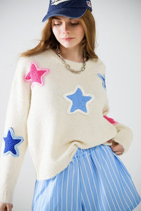 Q2 Women's Sweater One Size / White Cream Sweater With Embroidered Stars