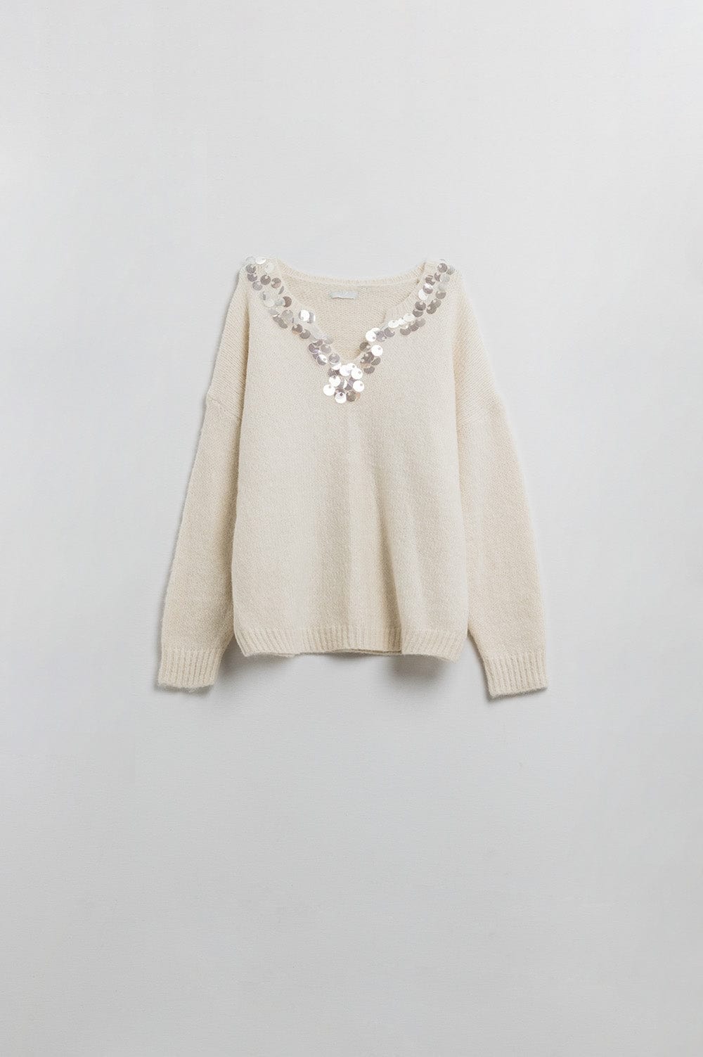 Q2 Women's Sweater One Size / White Cream V-Neck Sweater With Sequin Detail