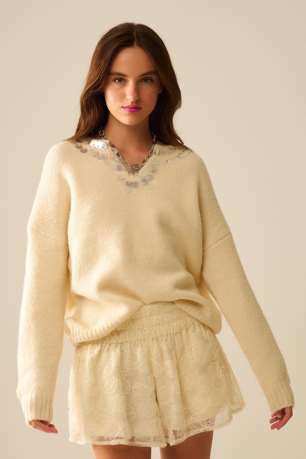 Q2 Women's Sweater One Size / White Cream V-Neck Sweater With Sequin Detail
