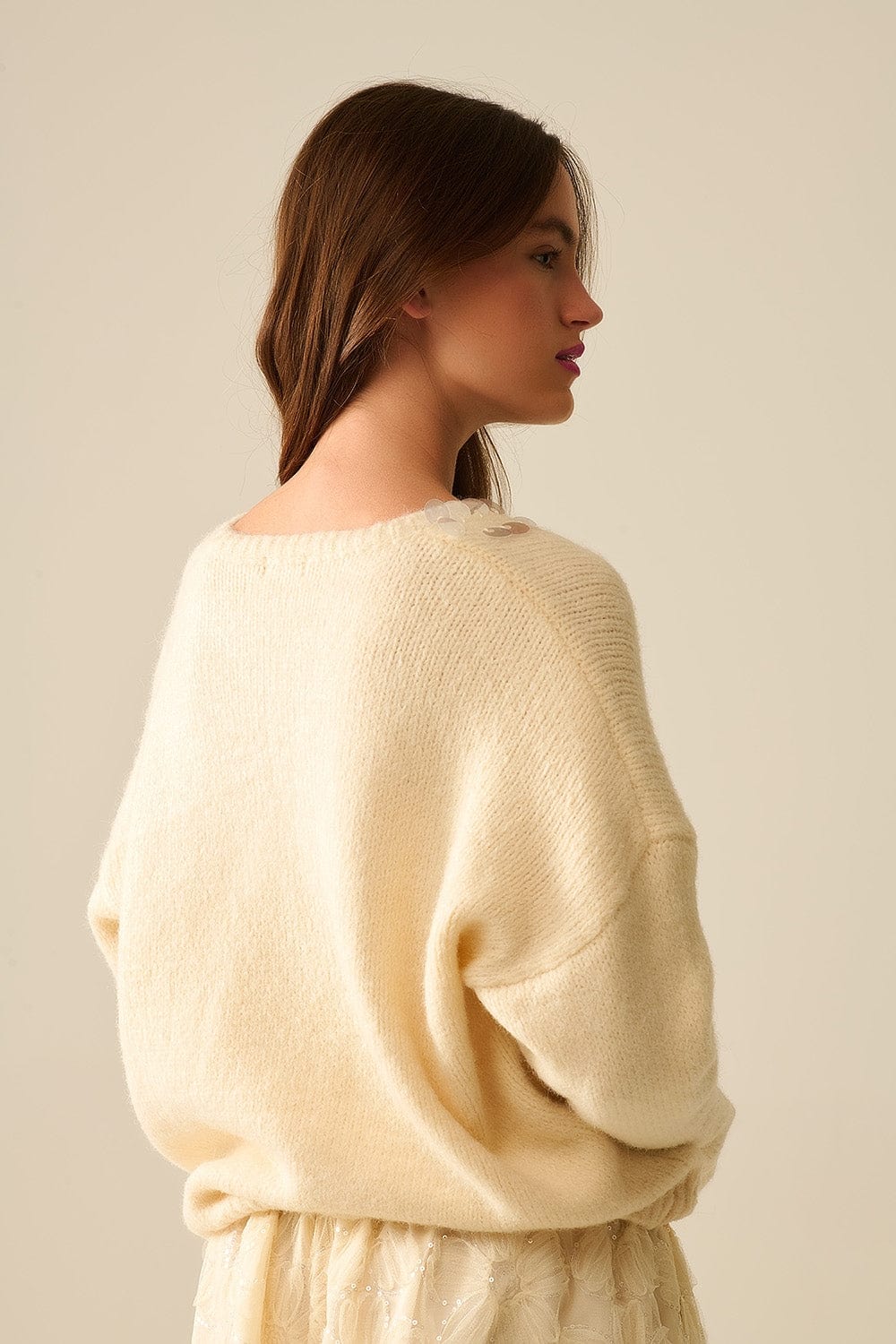 Q2 Women's Sweater One Size / White Cream V-Neck Sweater With Sequin Detail
