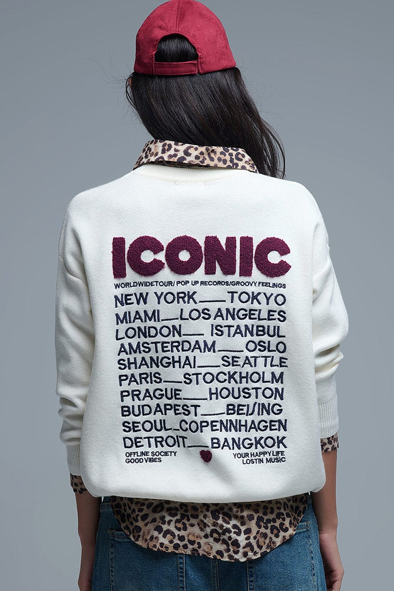 Q2 Women's Sweater One Size / White Embroidered Iconic Sweater With Global Tour Back Print In Cream