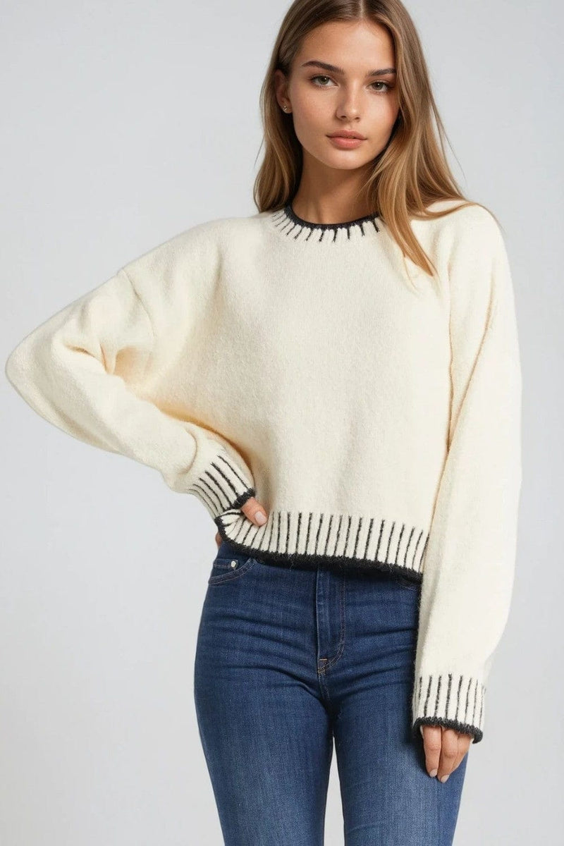 Q2 Women's Sweater One Size / White Fluffy Cream Sweater With Ribbed Detail At Neck And Hem