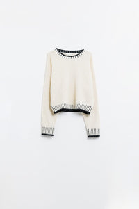 Q2 Women's Sweater One Size / White Fluffy Cream Sweater With Ribbed Detail At Neck And Hem