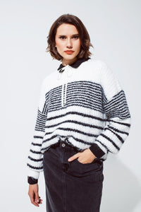 Q2 Women's Sweater One Size / White Fluffy  Crew Neck Sweater With Thin Black Stripes In White