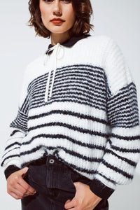 Q2 Women's Sweater One Size / White Fluffy  Crew Neck Sweater With Thin Black Stripes In White