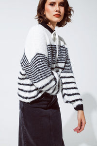 Q2 Women's Sweater One Size / White Fluffy  Crew Neck Sweater With Thin Black Stripes In White