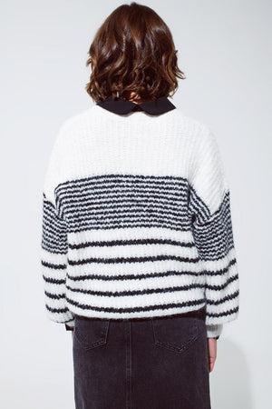 Q2 Women's Sweater One Size / White Fluffy  Crew Neck Sweater With Thin Black Stripes In White