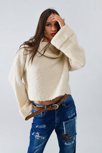 Q2 Women's Sweater One Size / White Knitted Fluffy High Neck Sweater In Cream