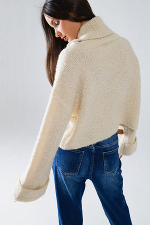 Q2 Women's Sweater One Size / White Knitted Fluffy High Neck Sweater In Cream