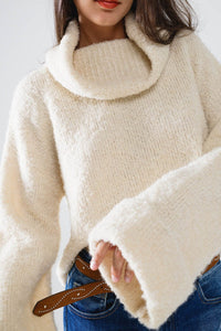 Q2 Women's Sweater One Size / White Knitted Fluffy High Neck Sweater In Cream