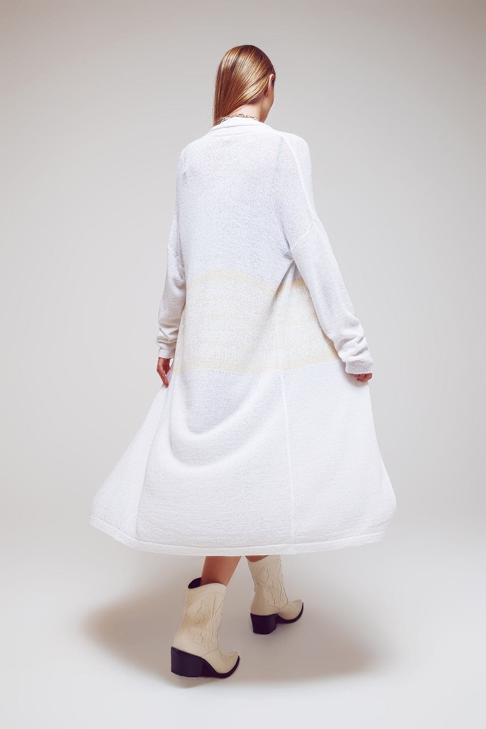 Q2 Women's Sweater One Size / White Midi Colourblock Cardigan In White