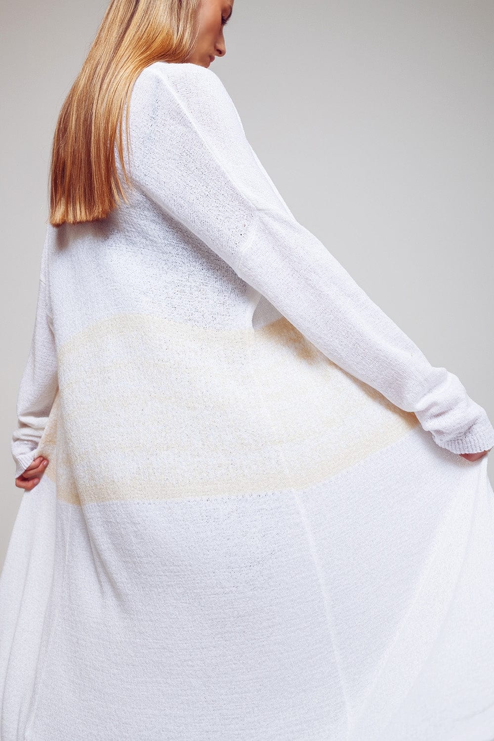 Q2 Women's Sweater One Size / White Midi Colourblock Cardigan In White