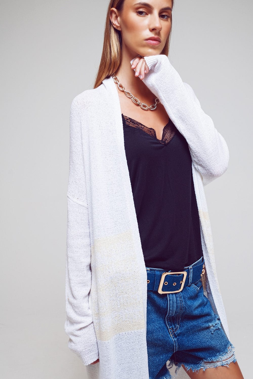 Q2 Women's Sweater One Size / White Midi Colourblock Cardigan In White