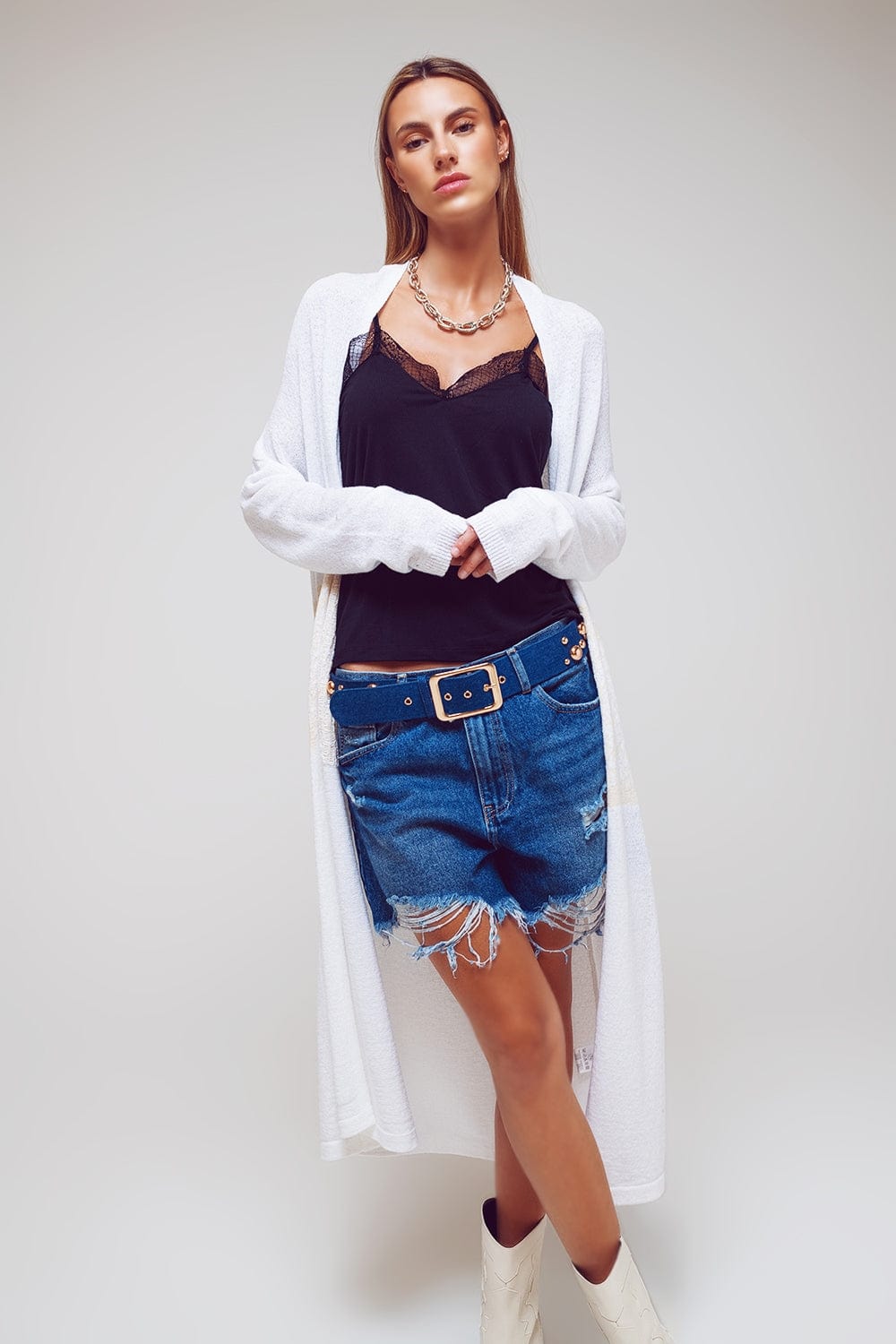 Q2 Women's Sweater One Size / White Midi Colourblock Cardigan In White