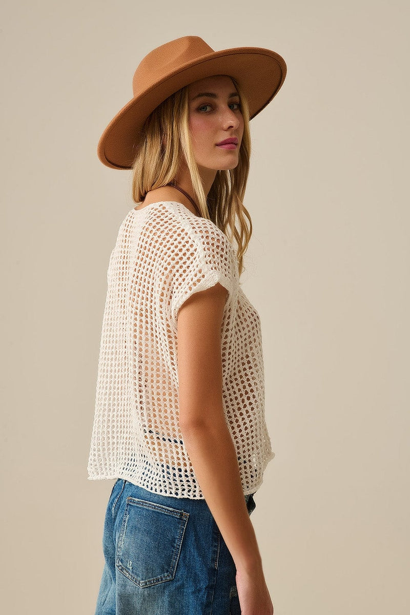 Q2 Women's Sweater One Size / White Open Knit Crochet Dropped Sleeved Top In White