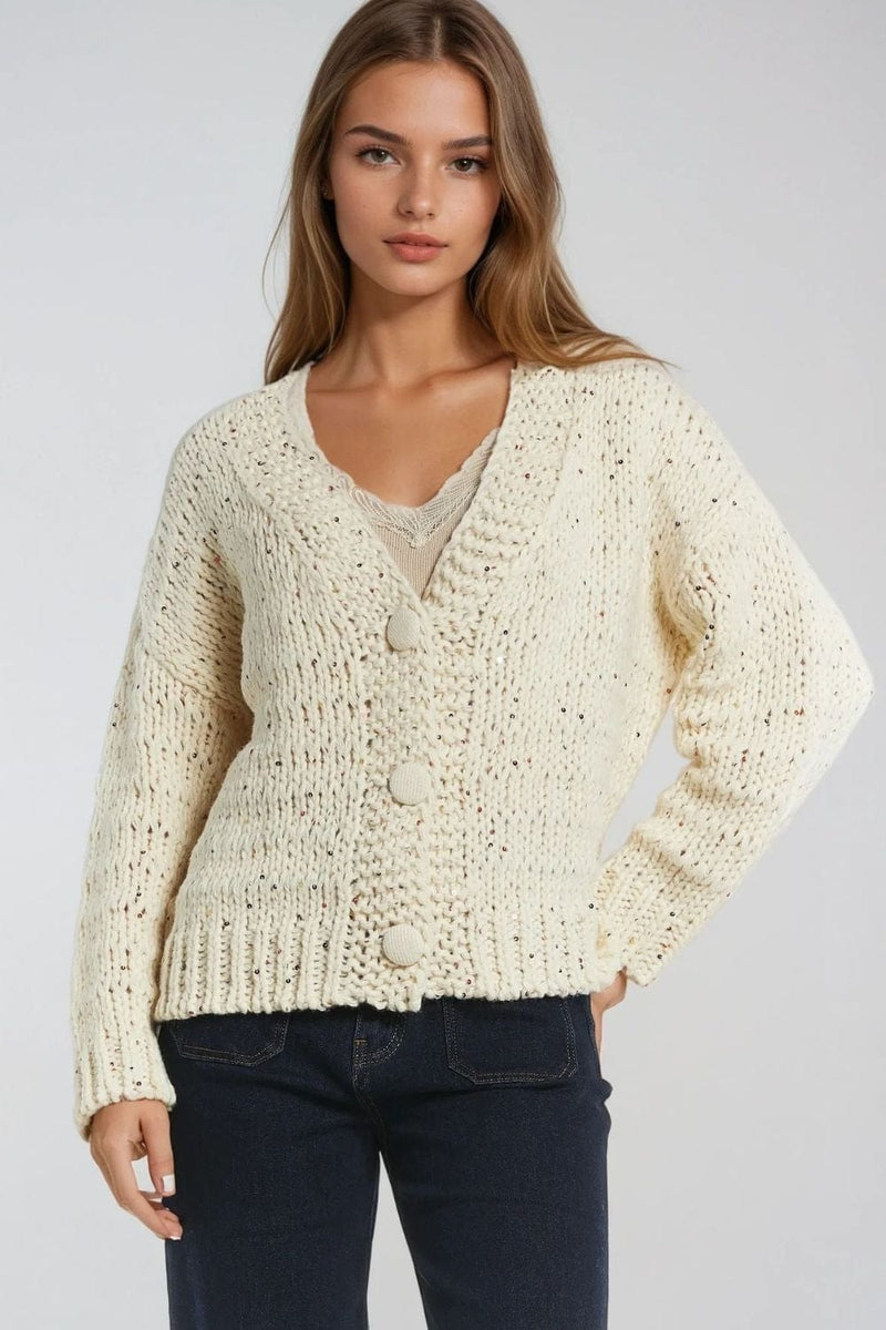 Q2 Women's Sweater One Size / White Oversized Chunky Knit Cardigan In Cream With Sequin Detail