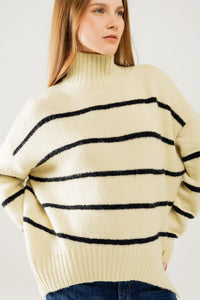 Q2 Women's Sweater One Size / White Oversized Cream Sweater With Black Stripes