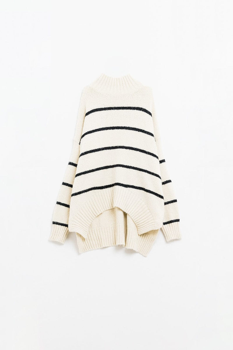 Q2 Women's Sweater One Size / White Oversized Cream Sweater With Black Stripes