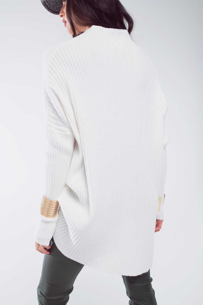 Q2 Women's Sweater One Size / White Oversized White Sweater With Stripes Details