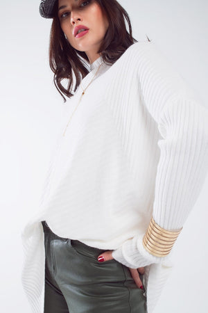 Q2 Women's Sweater One Size / White Oversized White Sweater With Stripes Details