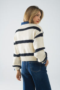 Q2 Women's Sweater One Size / White Relaxed Beige Jumper With Black Stripes