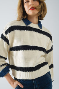 Q2 Women's Sweater One Size / White Relaxed Beige Jumper With Black Stripes