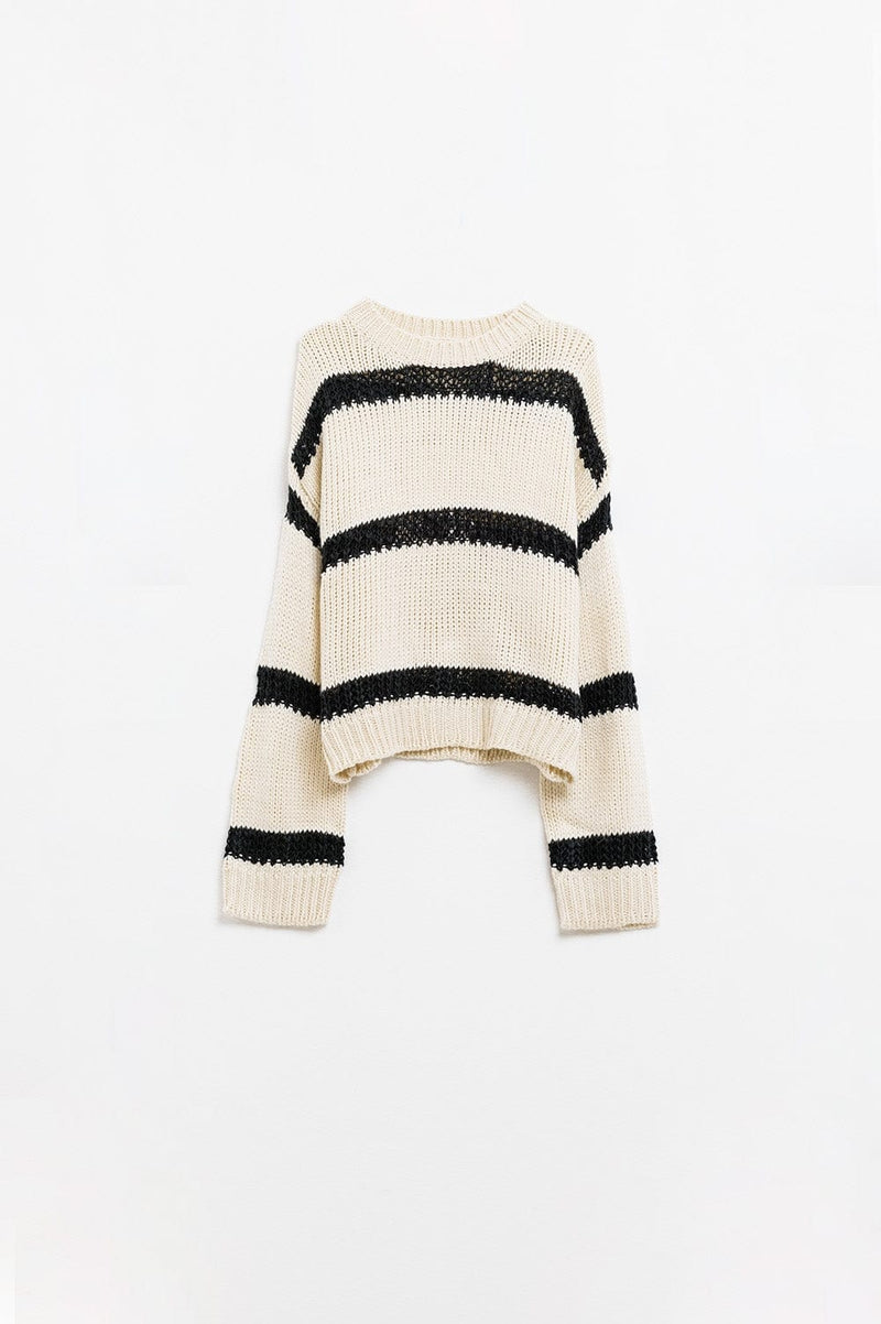 Q2 Women's Sweater One Size / White Relaxed Beige Jumper With Black Stripes