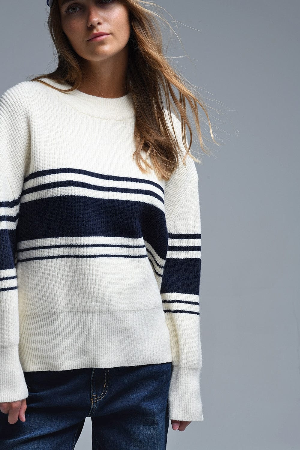 Q2 Women's Sweater One Size / White Ribbed Cream Sweater With Navy Chest Stripes