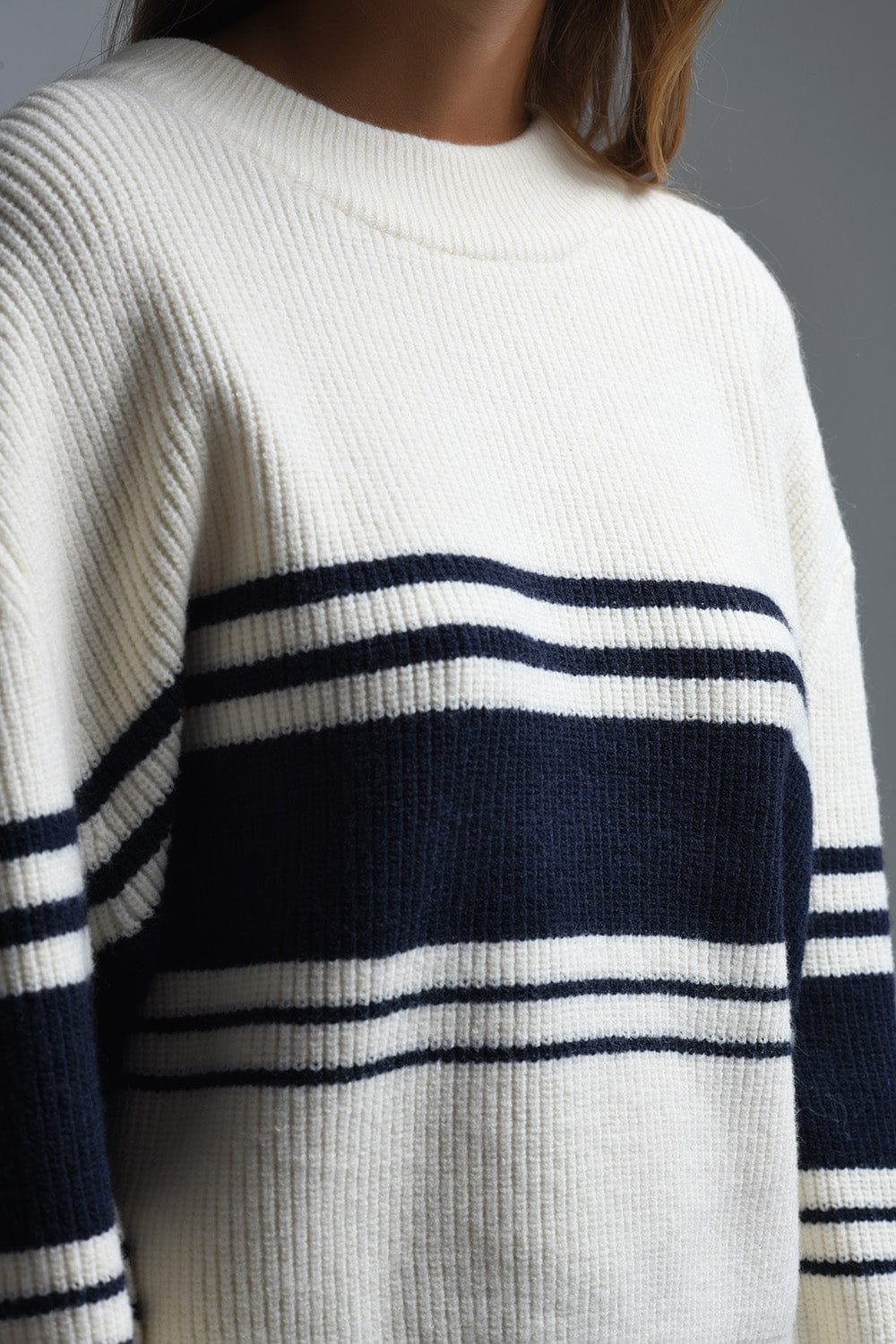 Q2 Women's Sweater One Size / White Ribbed Cream Sweater With Navy Chest Stripes