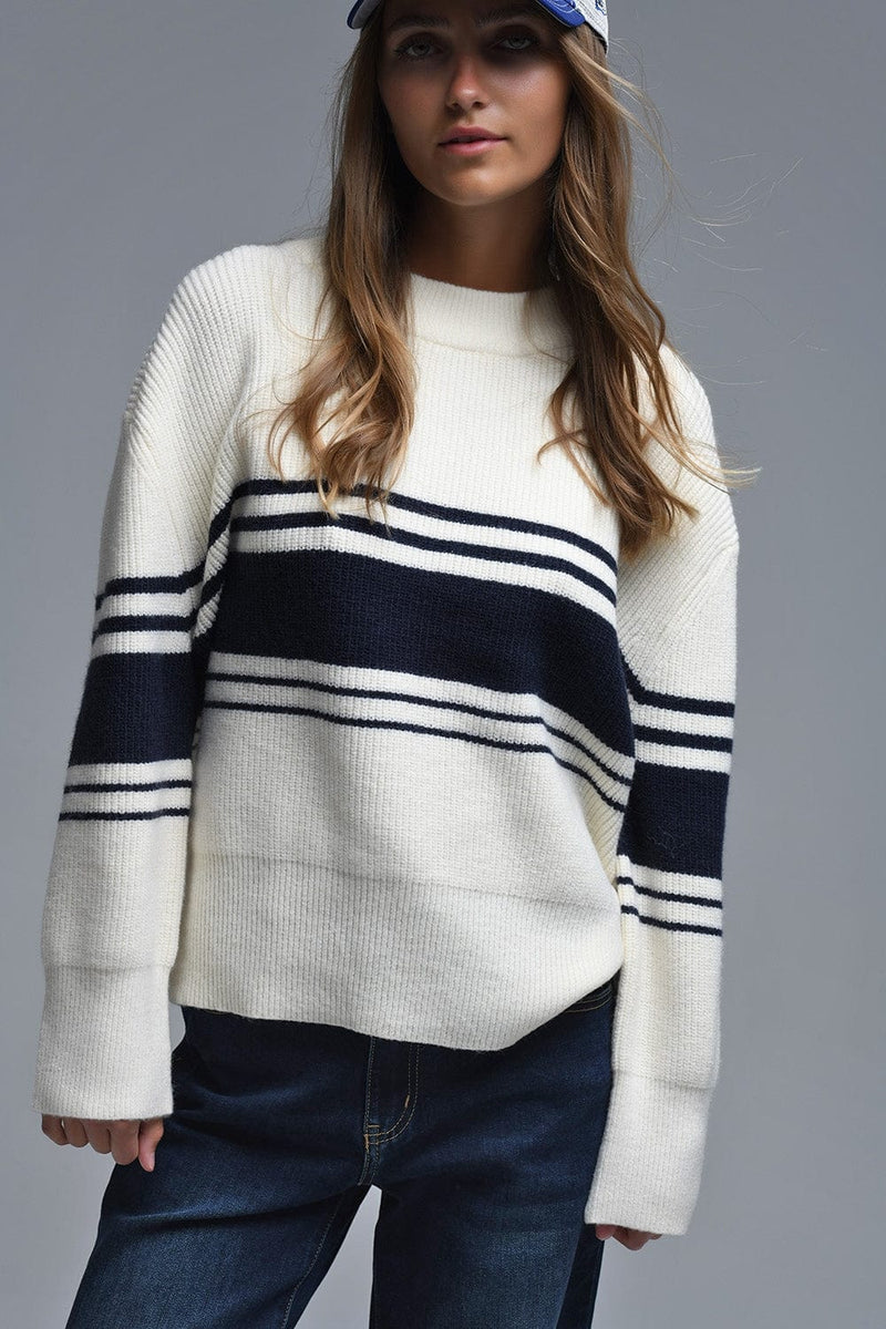Q2 Women's Sweater One Size / White Ribbed Cream Sweater With Navy Chest Stripes