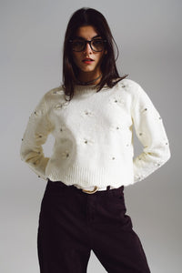 Q2 Women's Sweater One Size / White Sweater With Knitted Flowers And Strass Embellished In Cream