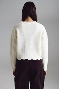 Q2 Women's Sweater One Size / White Sweater With Knitted Flowers And Strass Embellished In Cream