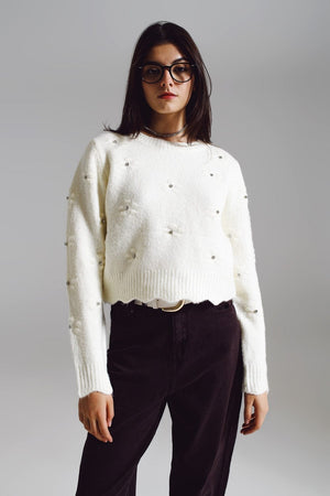 Q2 Women's Sweater One Size / White Sweater With Knitted Flowers And Strass Embellished In Cream