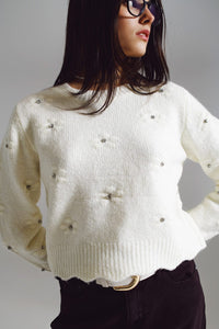 Q2 Women's Sweater One Size / White Sweater With Knitted Flowers And Strass Embellished In Cream