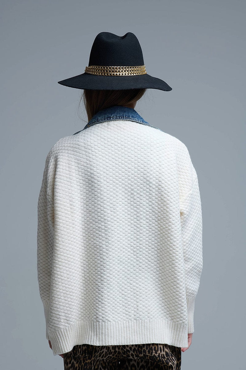 Q2 Women's Sweater One Size / White Waffle Knit Cardigan In White With Blue Chunky Denim Inside