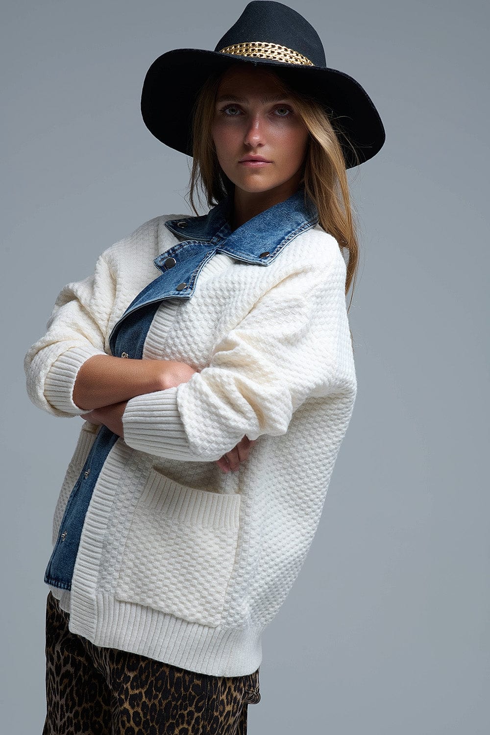 Q2 Women's Sweater One Size / White Waffle Knit Cardigan In White With Blue Chunky Denim Inside