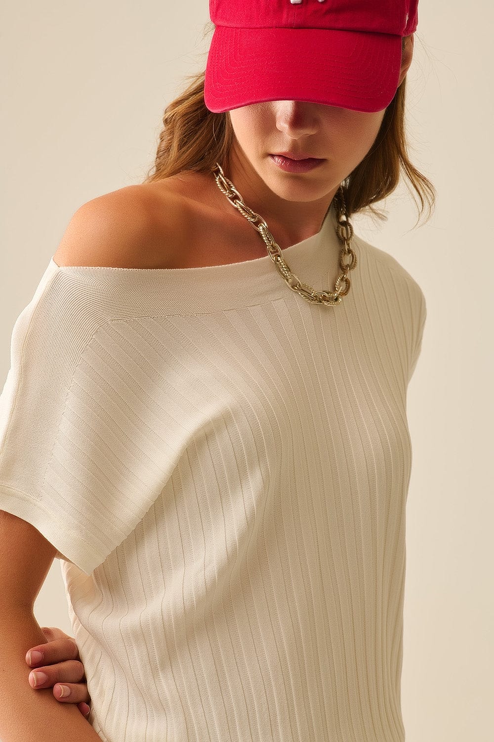 Q2 Women's Sweater One Size / White White Fine Rib Knitted Sweater With Boat Neck
