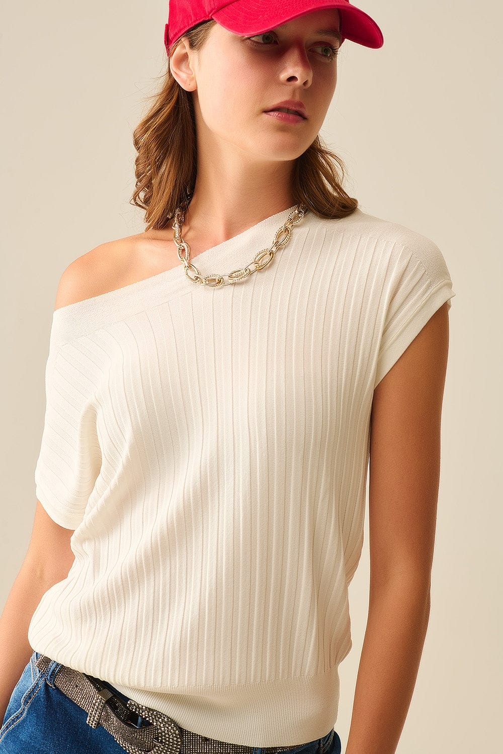 Q2 Women's Sweater One Size / White White Fine Rib Knitted Sweater With Boat Neck