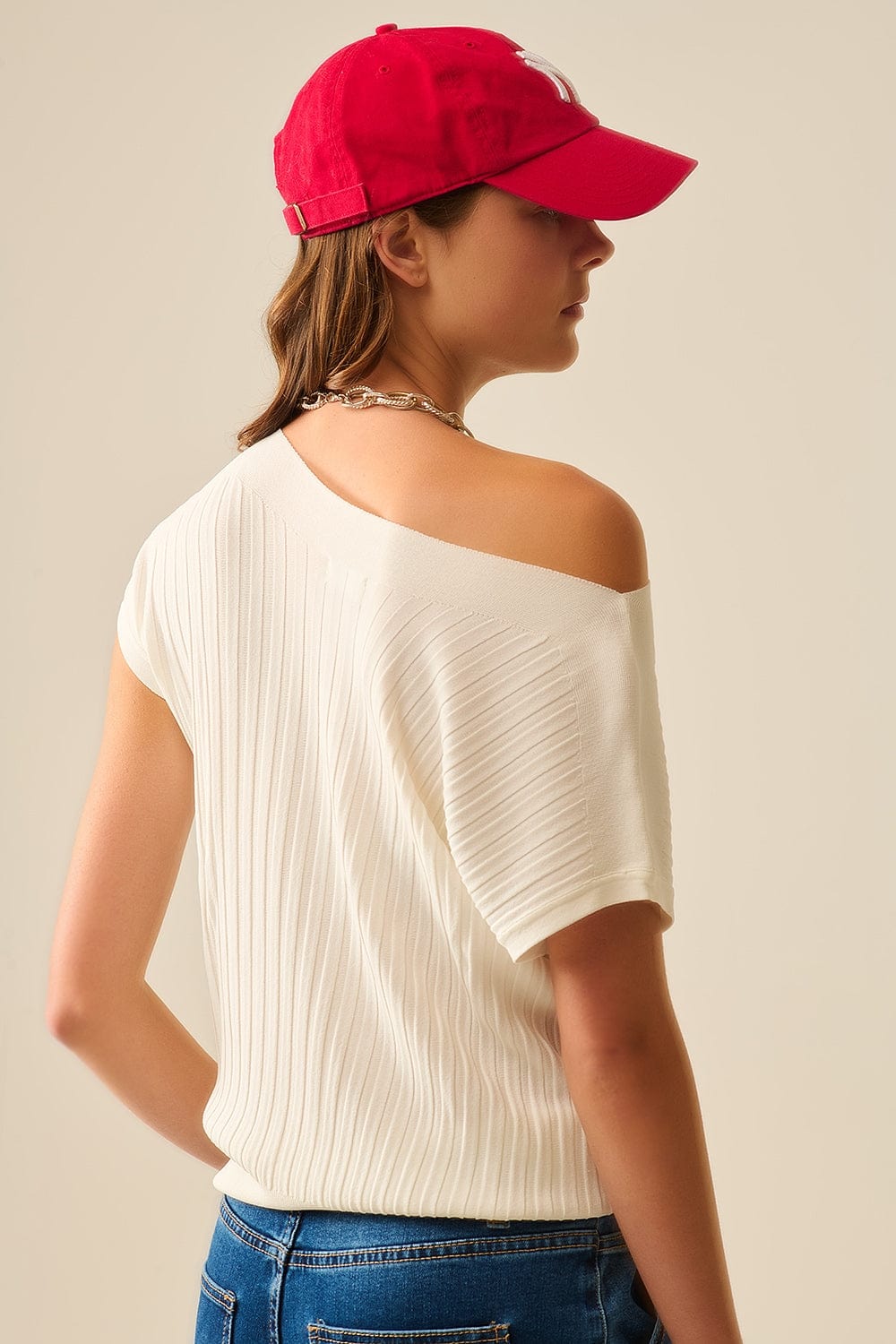 Q2 Women's Sweater One Size / White White Fine Rib Knitted Sweater With Boat Neck