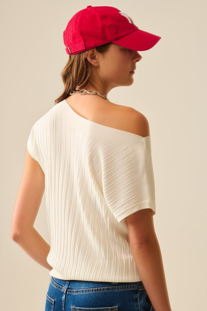 Q2 Women's Sweater One Size / White White Fine Rib Knitted Sweater With Boat Neck