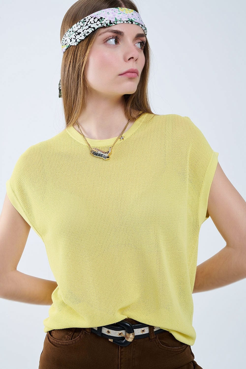 Q2 Women's Sweater One Size / Yellow Grid Knit Sweater In Yellow Color
