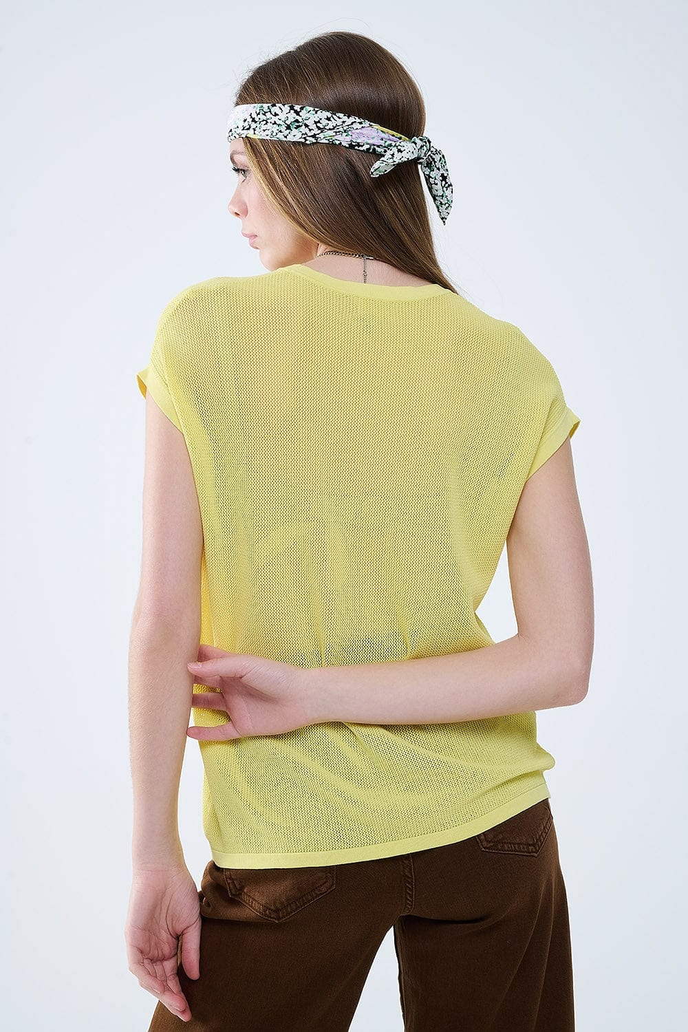 Q2 Women's Sweater One Size / Yellow Grid Knit Sweater In Yellow Color