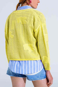 Q2 Women's Sweater One Size / Yellow Knitted Crochet Cardigan With Knitted Clouds In Yellow