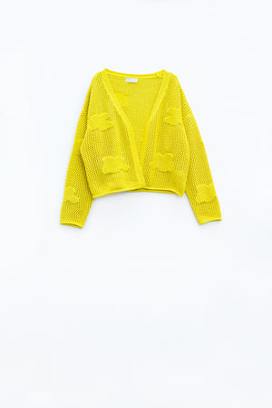 Q2 Women's Sweater One Size / Yellow Knitted Crochet Cardigan With Knitted Clouds In Yellow