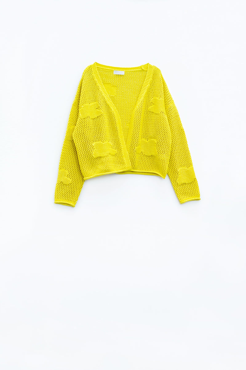 Q2 Women's Sweater One Size / Yellow Knitted Crochet Cardigan With Knitted Clouds In Yellow