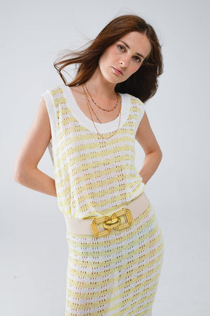 Q2 Women's Sweater One Size / Yellow Open Knit Cropped Striped Sleeveless Sweater In Yellow And White